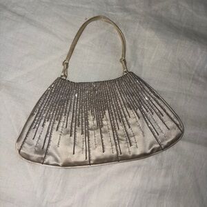 Beaded Satin Evening Shoulder Bag in Champagne